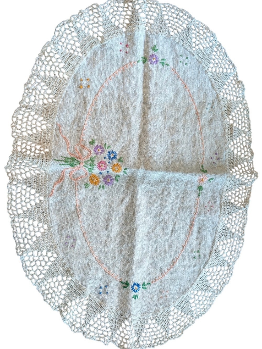 Hand-Embroidered Oval Lace Doily - Cream with Multicolor Floral Accents